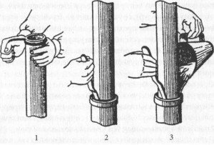 Заделка стыков чугунных канализационных труб: 1 — намотка прядей; 2 — осадка прядей; 3 — заделка асбоцементным раствором